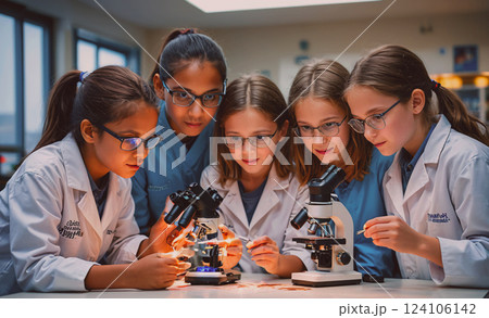 Group of young girls are looking through microscopes. They are wearing lab coats and glasses. The girls are looking at a slide under the microscope 124106142