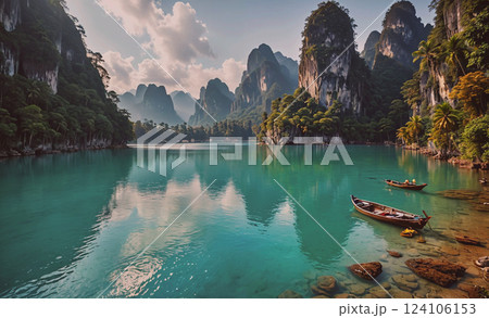 Beautiful lake with two boats floating on it. The water is calm and clear, reflecting the mountains in the background. The scene is serene and peaceful, inviting one to relax and enjoy the natural 124106153