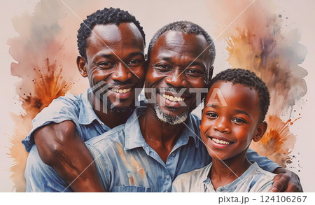 Man and two children are smiling and hugging each other. Concept of warmth and love between family members 124106267