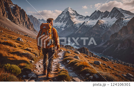 Man is walking on a trail in the mountains with a backpack. The mountains are covered in snow and the sky is clear. The man is wearing a yellow jacket and he is enjoying the beautiful scenery 124106301