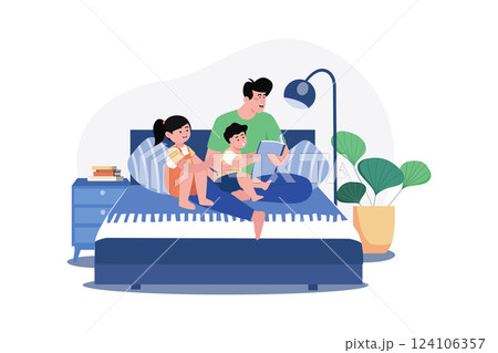 Daddy And Kids Sitting Together With Storybooks 124106357