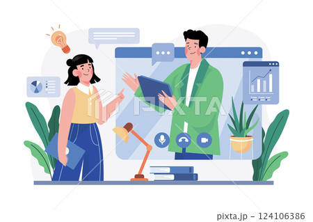 Employee Doing Online Meeting Illustration concept. A flat illustration isolated on white background Employee Doing Online Meeting Illustration concept. A flat illustration isolated on white background 124106386