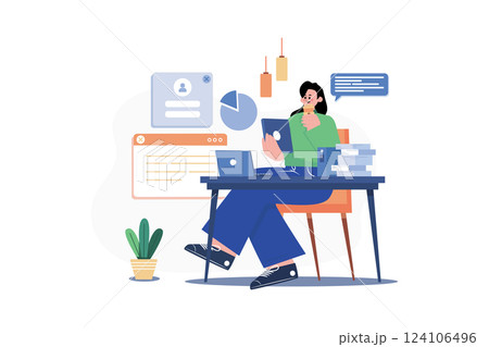 Woman Working On A Tablet While Drinking Coffee 124106496
