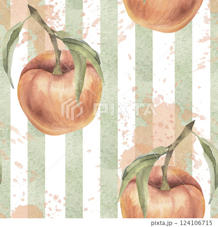 Watercolor botanical background with green stripes,fresh peaches with green leaves illustration. Hand drawn fruit and abstract geometric pattern for wallapper,scrapbooking,packing design 124106715