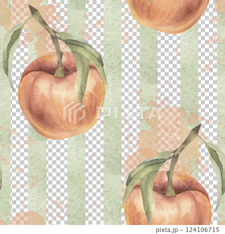 Watercolor botanical background with green stripes,fresh peaches with green leaves illustration. Hand drawn fruit and abstract geometric pattern for wallapper,scrapbooking,packing design 124106715