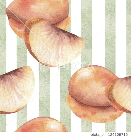 Green stripes with tropical orange peaches watercolor seamless pattern. Hand drawn botanical background with geometric texture and fruits illustration or packing, textile, fabric design 124106716
