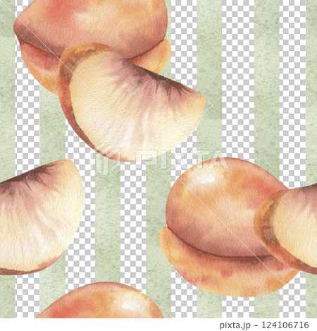 Green stripes with tropical orange peaches watercolor seamless pattern. Hand drawn botanical background with geometric texture and fruits illustration or packing, textile, fabric design 124106716