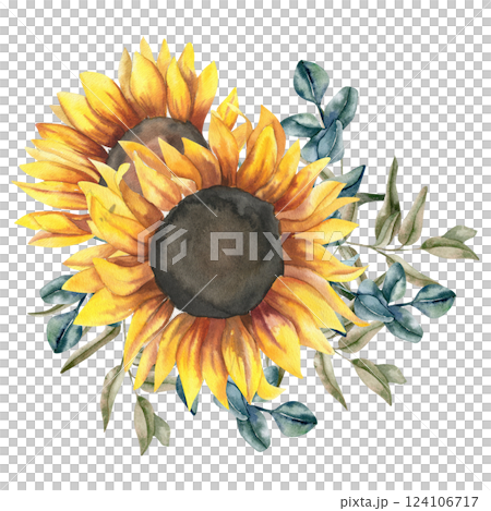 Autumn watercolor bouquet with yellow sunflowers,green eucalyptus branches illustration. Hand drawn fall floral clipart for harvest season poster, card, invitation design 124106717