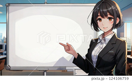 ホワイトボードの前で案内する女性 124106759