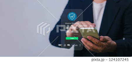 E-Banking, Smart fintech service, Payment online, Finance innovation technology online, Businessman use smartphone connecting online banking applications, Cyber security financial and investment. E-Banking, Smart fintech service, Payment online, Finance innovation technology online, Businessman use smartphone connecting online banking applications, Cyber security financial and investment. 124107245