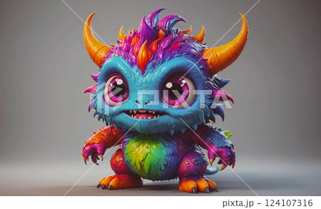 Colorful monster with horns and a mouth full of teeth. The monster is smiling and has a happy expression 124107316