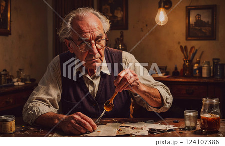 An old man is sitting at a table with a spoon in his hand. He is looking at something on the table 124107386