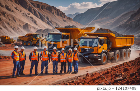 Group of men in orange vests stand in front of a large yellow dump truck. The men are wearing hard hats and seem to be workers at a construction site Group of men in orange vests stand in front of a large yellow dump truck. The men are wearing hard hats and seem to be workers at a construction site 124107409