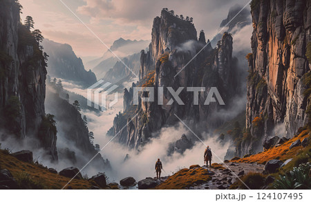 Two people are walking on a mountain trail, surrounded by fog and rocky terrain. Scene is serene and peaceful, as the two hikers take in the beauty of the natural landscape 124107495