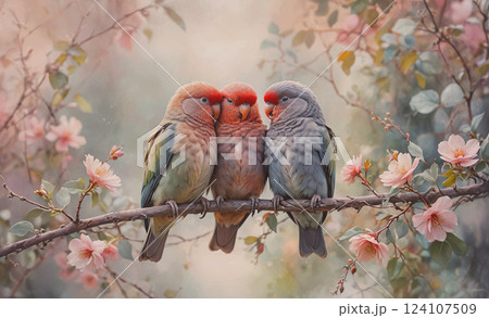 Three birds are perched on a branch with pink flowers in the background. The birds are of different colors, and they seem to be enjoying the view 124107509