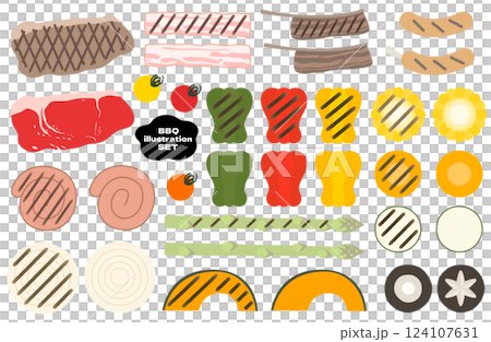 バーベキューベクターイラストセット BBQ 焼肉 鉄板焼き 炭火焼 シンプル 肉 野菜 焼目 バーベキューベクターイラストセット BBQ 焼肉 鉄板焼き 炭火焼 シンプル 肉 野菜 焼目 124107631