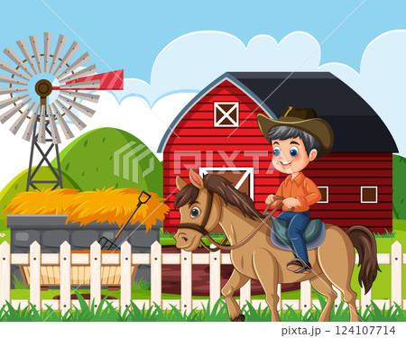 Happy Boy Riding Horse on Farm 124107714