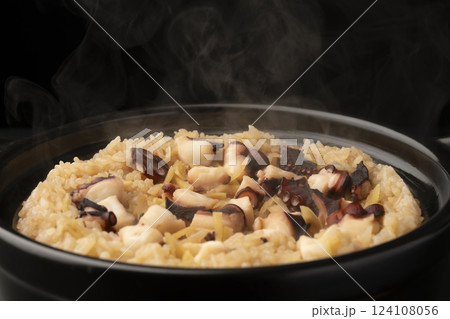 炊きたてで湯気の立った蛸の炊き込みご 124108056
