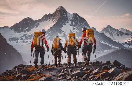 Four people are standing on a mountain, wearing backpacks and hiking gear. Concept of adventure and camaraderie among the group 124108103