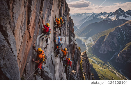 Group of people are climbing a mountain. The mountain is surrounded by a river and a valley. The climbers are wearing bright orange and yellow clothing 124108104