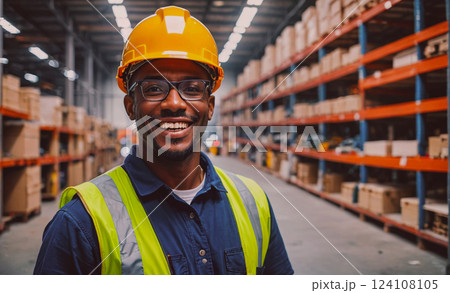 Man in a yellow hard hat and safety vest is smiling in front of a warehouse. He is wearing a safety vest and a hard hat, which suggests that he is working in a warehouse or a similar industrial 124108105