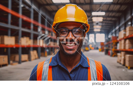 Man wearing a yellow hard hat and orange vest is smiling. He is standing in a warehouse 124108106