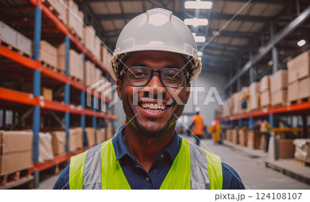Man wearing a safety vest and a hard hat is smiling. He is standing in a warehouse 124108107
