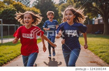 Three young children are running on a path, wearing matching uniforms that say Bunmi. They are smiling and having fun 124108144