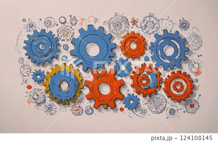 Drawing of gears with a blue and orange one in the middle. The gears are all different sizes and colors 124108145