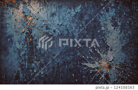 Blue background with splatters of paint and a few circles. The splatters are of different sizes and colors, creating a sense of chaos and disorder. Scene is one of confusion and disarray 124108163
