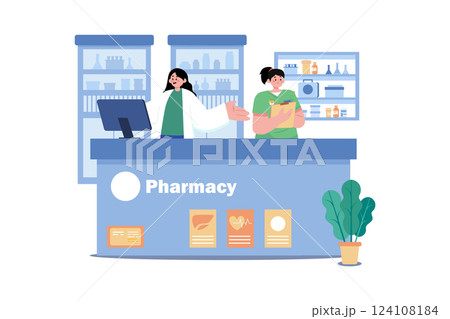 Pharmacy Assistant Illustration concept. A flat illustration isolated on white background Pharmacy Assistant Illustration concept. A flat illustration isolated on white background 124108184