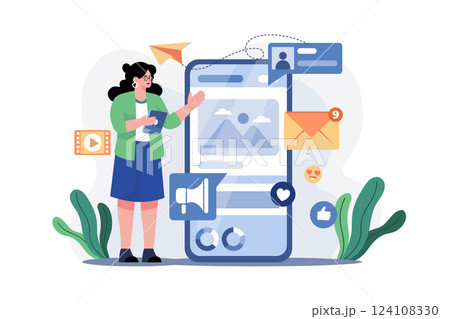 Social Media Assistant Illustration concept. A flat illustration isolated on white background 124108330