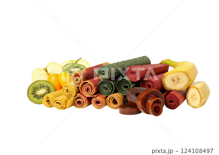PNG, Set of colored pastille rolls and fruits, isolated on white background 124108497