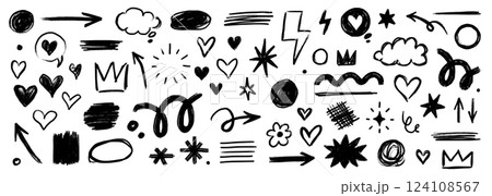 Pencil brush shape line element set. Hand drawn sketch doodle crayon kid chalk texture color element arrow,.heart, crown shape. Chalk pencil brush texture background. Vector Pencil brush shape line element set. Hand drawn sketch doodle crayon kid chalk texture color element arrow,.heart, crown shape. Chalk pencil brush texture background. Vector 124108567
