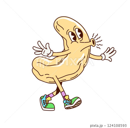 Cartoon groovy cashew nut cute character. Healthy nutrition nut retro cartoon isolated vector character. Diet seed or bean cheerful mascot or healthy snack cute groovy personage walking and whistling Cartoon groovy cashew nut cute character. Healthy nutrition nut retro cartoon isolated vector character. Diet seed or bean cheerful mascot or healthy snack cute groovy personage walking and whistling 124108593