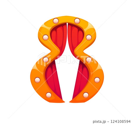 Cartoon circus font, number eight featuring bright orange frame adorned with lights and red curtains in the center. Vector retro carnival typeface numeral 8 symbol, entertainment typography character Cartoon circus font, number eight featuring bright orange frame adorned with lights and red curtains in the center. Vector retro carnival typeface numeral 8 symbol, entertainment typography character 124108594