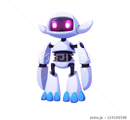 Cartoon futuristic robot and droid mascot character with a sleek white body and glowing pink eyes. Vector ai humanoid features mechanical joints, curved armor, and a friendly yet advanced appearance 124108596