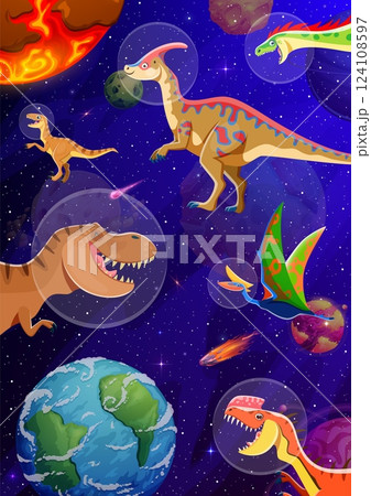 Cartoon dinosaur astronauts characters in outer space vector background. Funny prehistoric tyrannosaurus, velociraptor, monolophosaurus and raptor dinosaurs with astronaut helmets among space planets 124108597