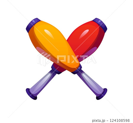 Cartoon circus font letter X styled with crossed juggling clubs feature red and yellow bodies. Retro carnival typeface, entertainment type, kids English alphabet. Vector abc typography character Cartoon circus font letter X styled with crossed juggling clubs feature red and yellow bodies. Retro carnival typeface, entertainment type, kids English alphabet. Vector abc typography character 124108598