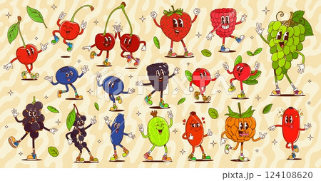 Cartoon groovy funny berry characters, vector fruit food personages dancing. Retro psychedelic strawberry, raspberry, cherries and grapes. Happy groovy berries of blackberry, barberry and gooseberry Cartoon groovy funny berry characters, vector fruit food personages dancing. Retro psychedelic strawberry, raspberry, cherries and grapes. Happy groovy berries of blackberry, barberry and gooseberry 124108620