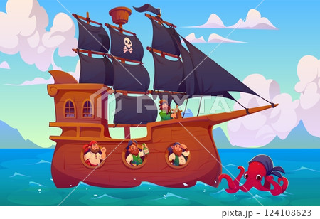 Cartoon pirates ship and giant kraken octopus in sea or ocean, vector background. Kids Caribbean adventure with pirate ship or corsair boat with Jolly Roger flag, captain and boatswain in portholes 124108623