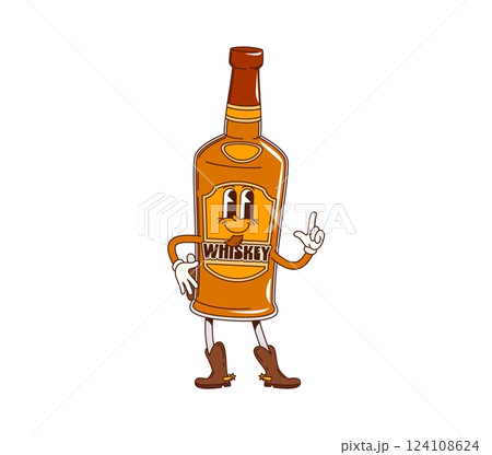 Cartoon groovy whiskey bottle character with cowboy boots and raised finger. Isolated vector lively glass flask with alcohol drink exuding a funky Wild West vibe, radiates joy and a playful spirit 124108624