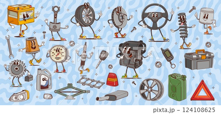 Cartoon groovy car spare parts and tools characters. Psychedelic auto spare parts vector personages of cute engine, oil filter and battery. Funny headlight, spark plug, steering wheel, tire and rim 124108625