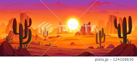 Cartoon Mexican desert landscape with cactuses and rock mountains, vector background. Mexican desert or Texas and Arizona canyon of Wild West prairie with mountain rocks and sun sunset in sky clouds Cartoon Mexican desert landscape with cactuses and rock mountains, vector background. Mexican desert or Texas and Arizona canyon of Wild West prairie with mountain rocks and sun sunset in sky clouds 124108630