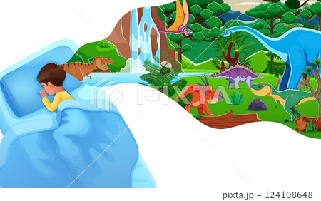 Sleeping boy dreams about dinosaurs vector banner. Cartoon cute kid character sleeping in bed and having dream of funny prehistoric dino animals. Dream bubble with jurassic dinosaurs at jungle forest Sleeping boy dreams about dinosaurs vector banner. Cartoon cute kid character sleeping in bed and having dream of funny prehistoric dino animals. Dream bubble with jurassic dinosaurs at jungle forest 124108648