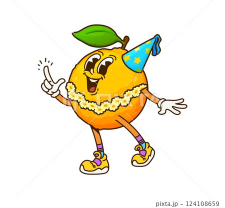 Cartoon groovy orange fruit character on party celebration exuding joy and celebratory spirit. Isolated vector fruit retro personage wearing party hat, flower necklace and sneakers embodying y2k vibe 124108659