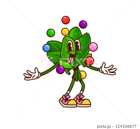 Groovy cartoon spinach vegetable character on holiday party. Kids holiday spinach leaves vegetable cartoon isolated groovy vector cute mascot. Ripe veggie funny personage juggling with balls on party 124108677