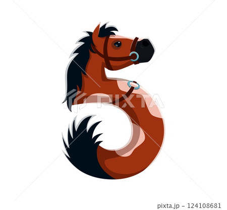 Cartoon farm font type of horse animal in number, vector funny typeface for kids. Farm font number 5 or Five in shape of horse for farmer agriculture and cattle farm cartoon typeface numeral alphabet 124108681