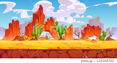 Cartoon Wild West desert landscape with rock and mountains, game background. Vector Western Wild West nature scene of Arizona desert horizon with cartoon sand landscape of canyon mountains, cactuses 124108702