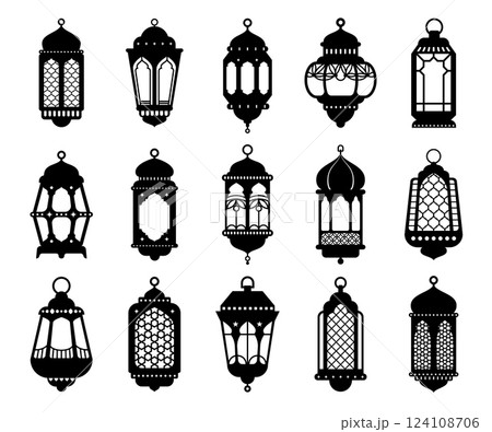 Arabian lanterns and lamps vector silhouettes of islam fanous Ramadan lights. Muslim Eid Mubarak and Ramadan Kareem lanterns with arab stars and flowers pattern. Islam mosque shaped arabian lamps set 124108706